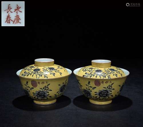 Pair of covered bowls with floral pattern on yellow backgrou...