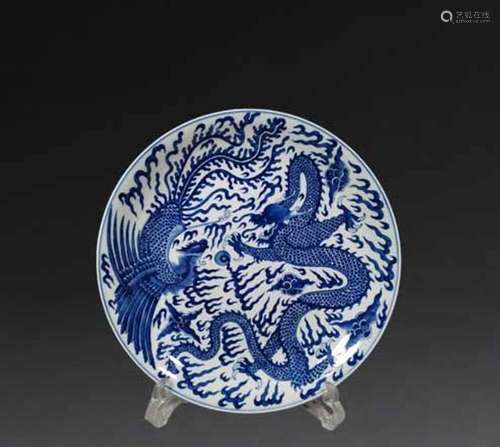 blue and white dragon and phoenix blue and white plate