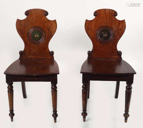 PAIR REGENCY ARMORIAL HALL CHAIRS