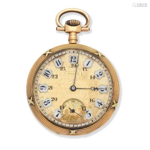 【*】Vulcain. An 18K gold keyless wind open face pocket watch ...