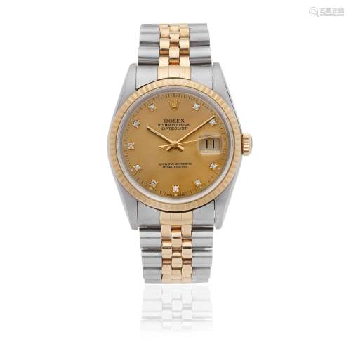 Rolex. A stainless steel and gold diamond set automatic cale...