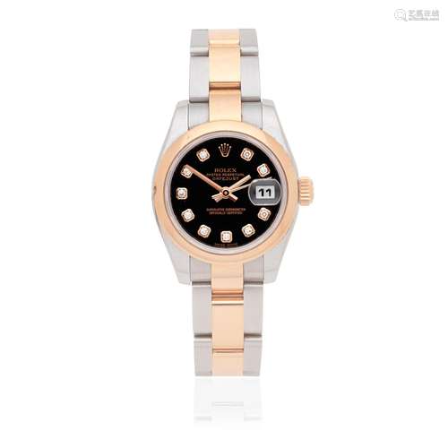 Rolex. A lady's stainless steel and rose gold diamond set au...