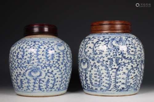 China, pair of blue and white porcelain ginger jars and wood...