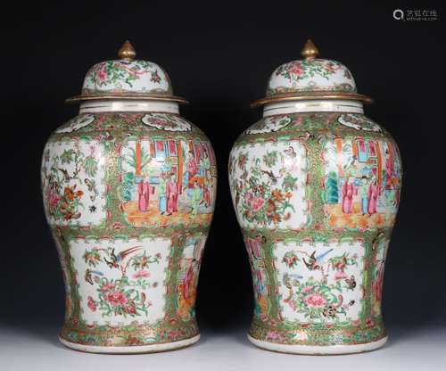 China, pair of Canton famille rose porcelain baluster vases ...