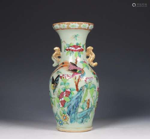 China, Canton celadon-ground famille rose vase, 19th century...