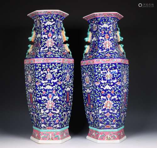 China, pair of hexagonal famille rose porcelain vases, 19th ...