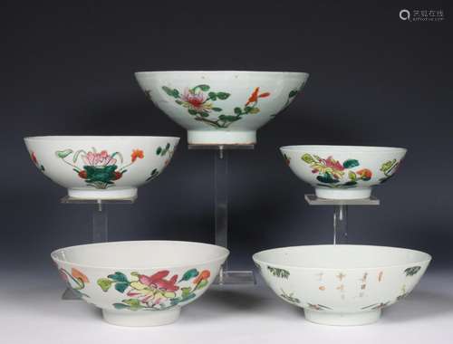 China, collection of five famille rose porcelain bowls, 19th...