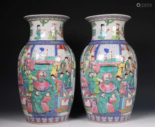 China, pair of famille rose porcelain vases, 20th century,