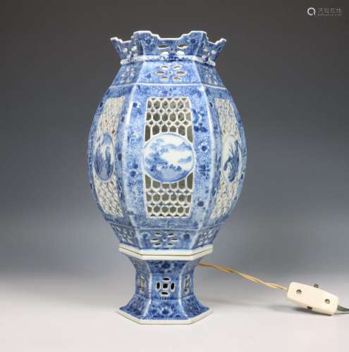 China, blue and white porcelain openworked devil ware lanter...