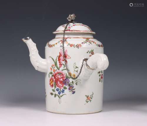 China, famille rose porcelain Lowestoft silver-mounted choco...