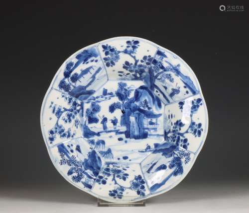 China, blue and white porcelain lobed dish, Kangxi period (1...