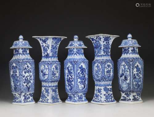 China, blue and white porcelain five-piece lozenge garniture...