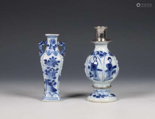 China, two small blue and white vases, one silver-mounted, K...