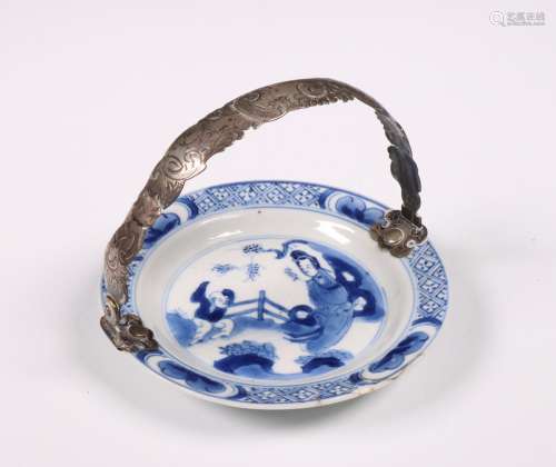 China, silver-mounted blue and white porcelain saucer, Kangx...