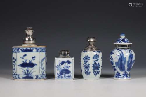 China, four blue and white silver-mounted porcelain caddies,...