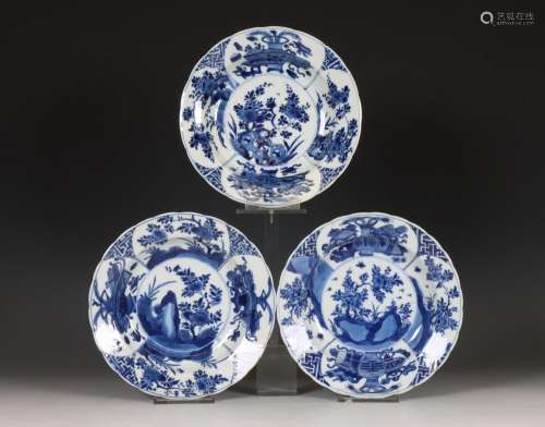China, three blue and white porcelain deep saucer dishes, Ka...