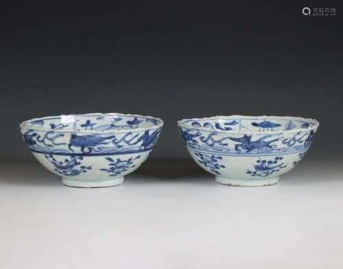 China, pair of blue and white porcelain flying horse bowls, ...