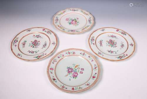 China, four large famille rose porcelain Lowestoft plates, 1...