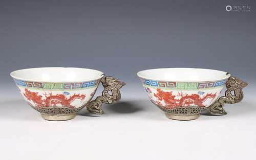 China, pair of silver-mounted famille rose dragon and phoeni...