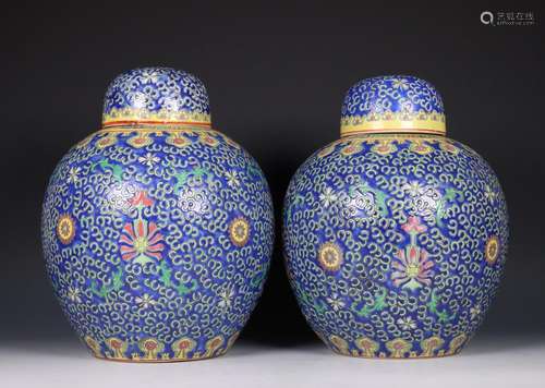 China, pair of oviform famille rose blue-ground porcelain ja...