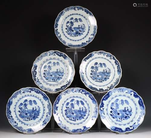 China, set of six blue and white porcelain plates, Qianlong ...