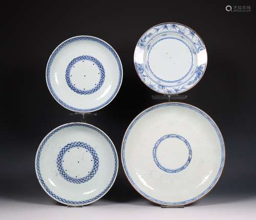 China, four bianco-sopra-bianco porcelain plates, Qianlong p...