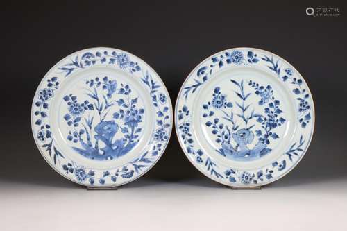 China, set of three blue and white plates, 18th century,