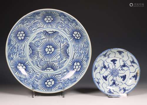 China, two blue and white porcelain dishes, 18th century,