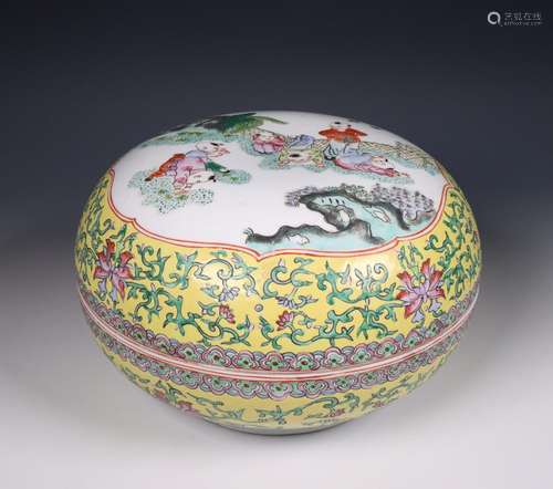 China, yellow-ground famille rose porcelain box and cover, 2...