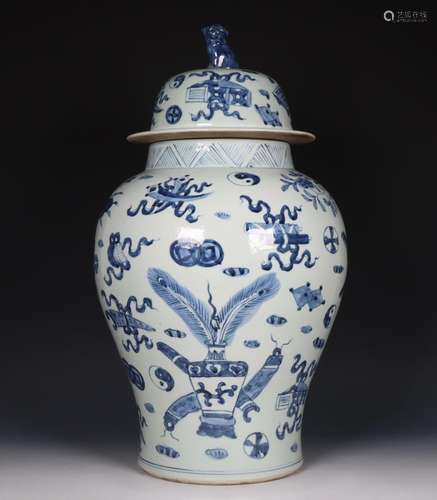 China, blue and white porcelain baluster vase and cover, 20t...