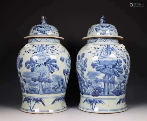 China, pair of blue and white porcelain vases and covers, 20...