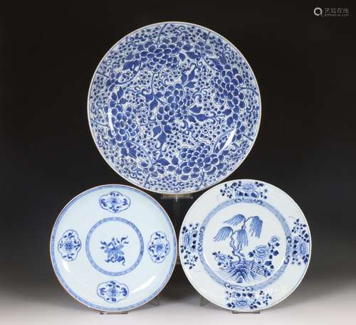 China, three blue and white porcelain dishes, 18th century,