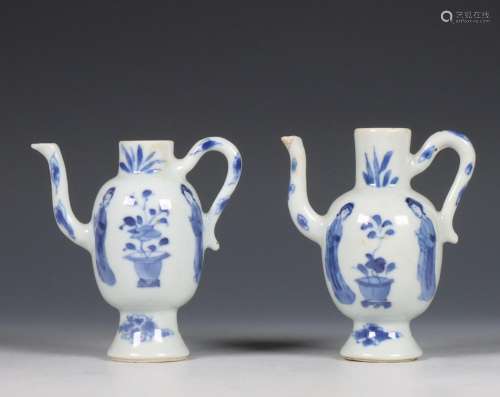 China, pair of small blue and white porcelain ewers, Kangxi ...