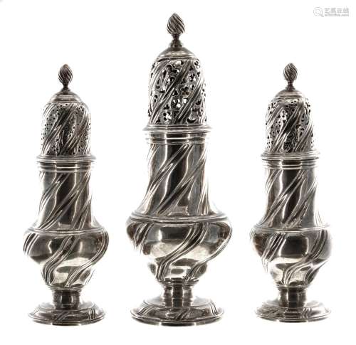 Set of three George III silver casters by Robert Peaston,of ...