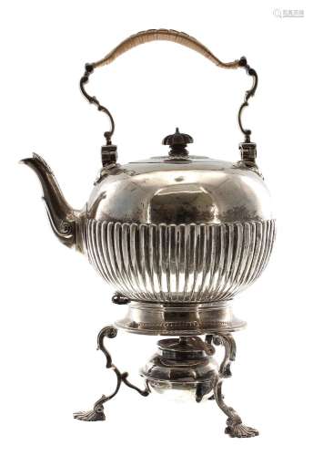 Victorian silver spirit kettle on stand, with a cane wrapped...