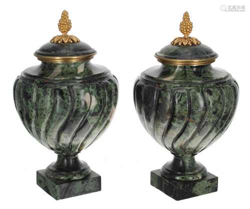 Pair of 19th century French verde antico marble urns with co...