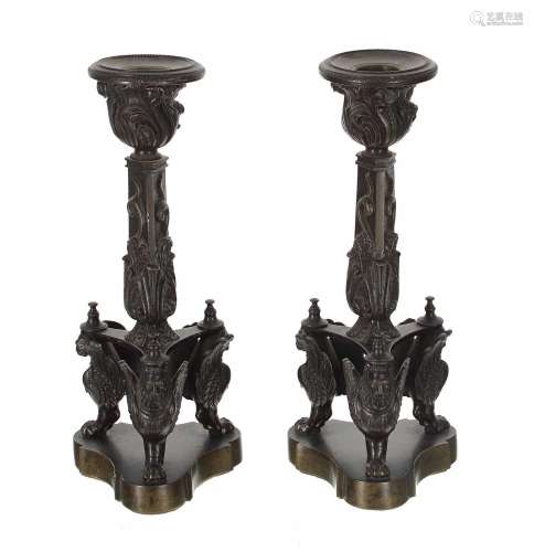 Pair of FrenchEmpire style bronze candlesticks, foliate scro...