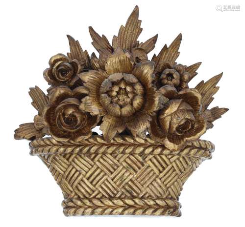 19th century gilt wood carving of a basket of flowers,13 wid...