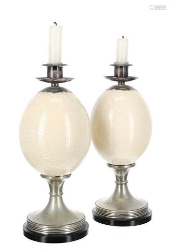 Pair of Anthony Redmile ostrich egg candlesticks, with silve...