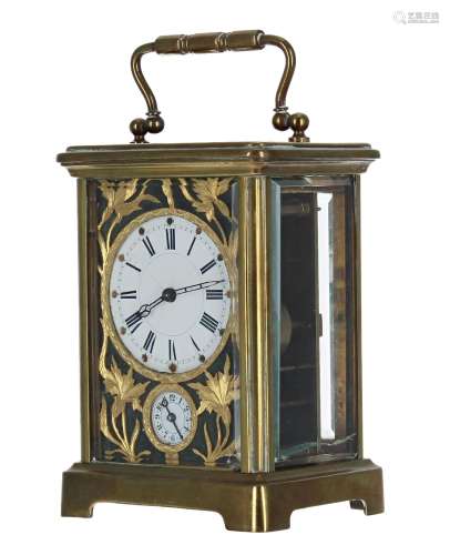 French brass alarm carriage clock striking on a bell, the 2 ...
