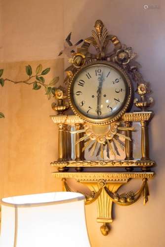 Swedish giltwood two train wall clock, the 9 diameter dial a...