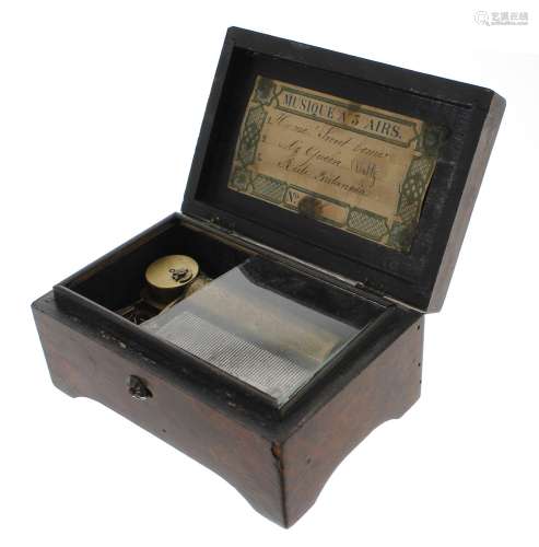 Small Swiss walnut cased music box, playing on three airs, l...