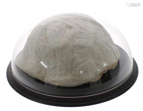 Interesting embroidered night cap displayed beneath a dome, ...