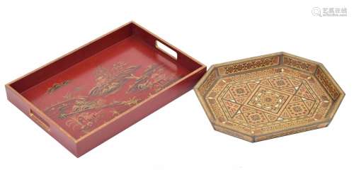 Japanese red lacquered chinoiserie gallery tray depicting fi...