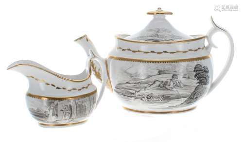 Spode early 19th century bat printed porcelain teapot and cr...