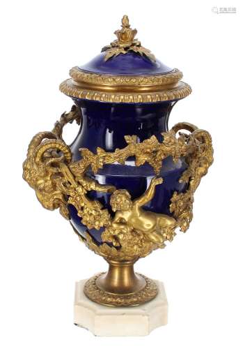 Impressive French gilt metal and marble mounted blue glaze c...
