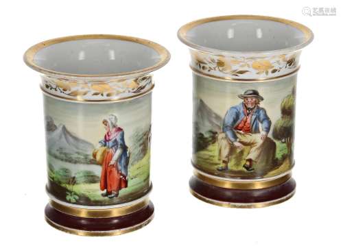 Pair of early 19th century English cylindrical porcelain vas...