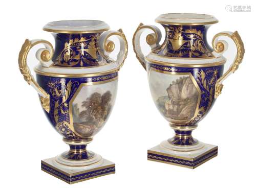 Fine pair of Derby (Bloor) blue-ground and gilt twin handled...