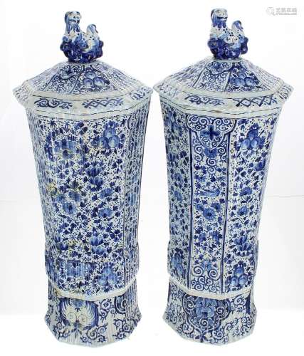 Pair of early Delft faience glazedoctagonal fluted pottery v...