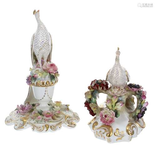Two Royal Crown Derby Imari Peacocks, on moulded floral roco...